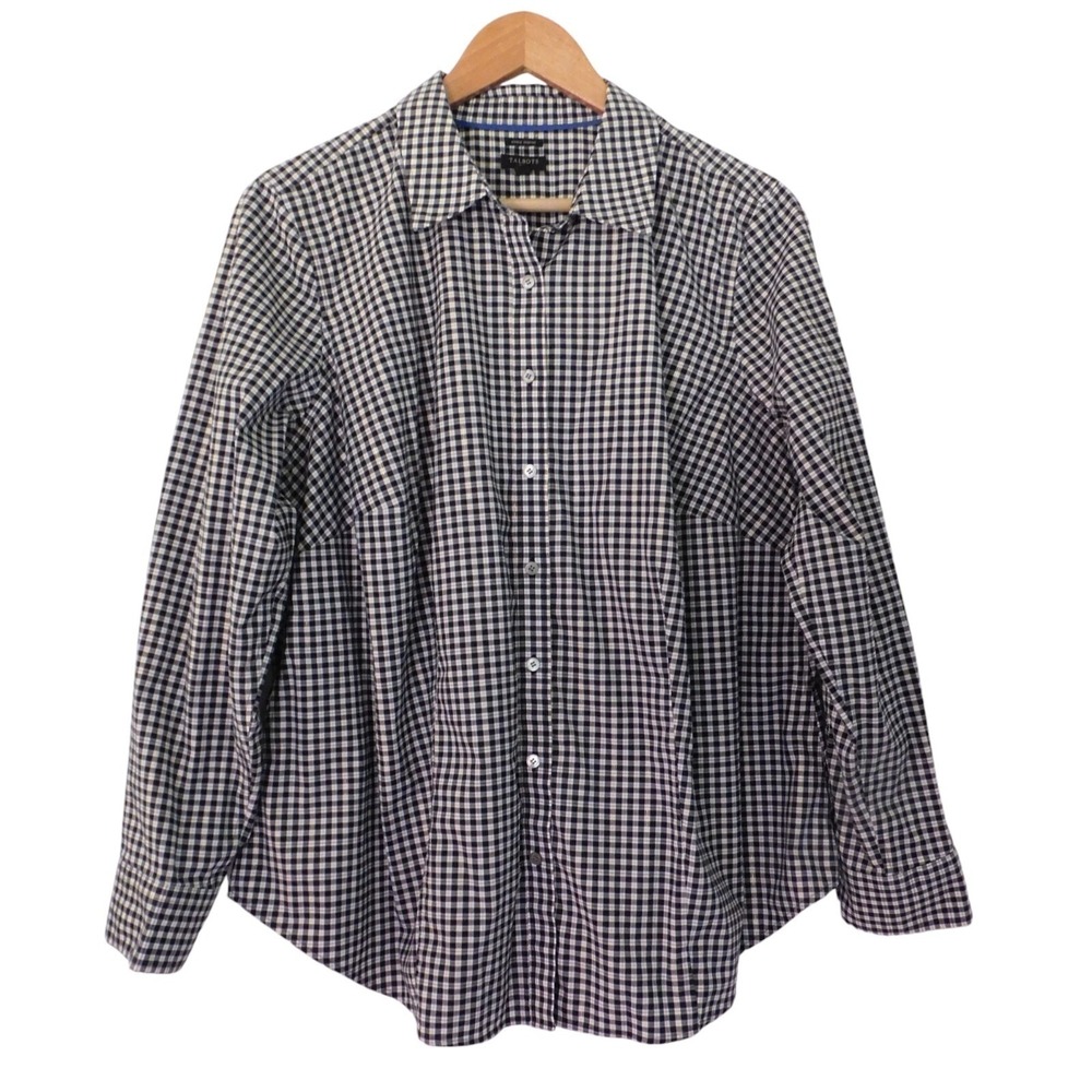 NEW Talbots Black White Button Down Top Plaid Gold Metallic Wrinkle Free Sz 14W